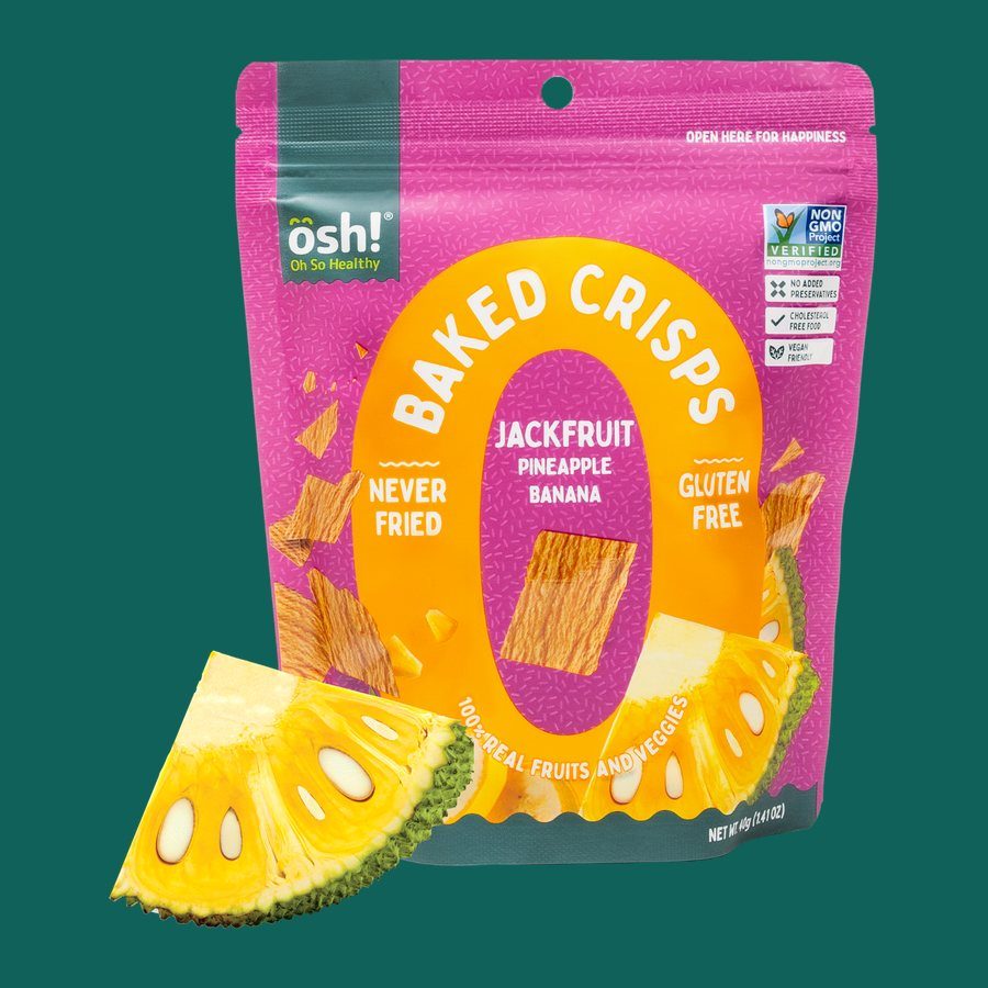 Jackfruit Pineapple Banana baked crisps pack with a jackfruit wedge