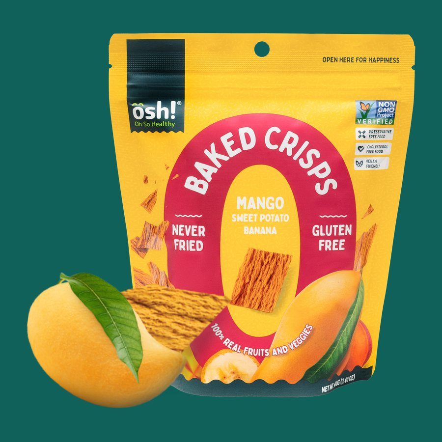 Mango Sweet Potato Banana baked crisps pack with a mango