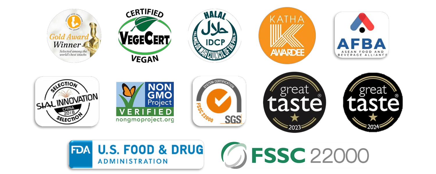 Awards and certifications: Specialty Food Association, sofi Gold Award Winner, VegeCert Vegan, Halal IDCP, Katha Awardee, AFBA, SIAL Innovation China 2018, ThaiFEX Anuga Asia, Non-GMO Project Verified, SGS FSSC 22000, Great Taste 2023 and 2024, U.S. FDA, FSSC 22000
