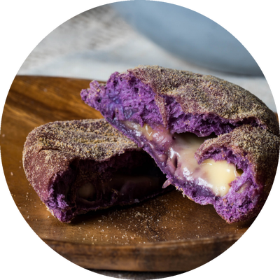 A split ube bun with a creamy filling