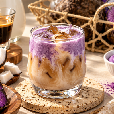 An iced ube coconut latte with layers of purple ube and coffee, beside coconut and ube